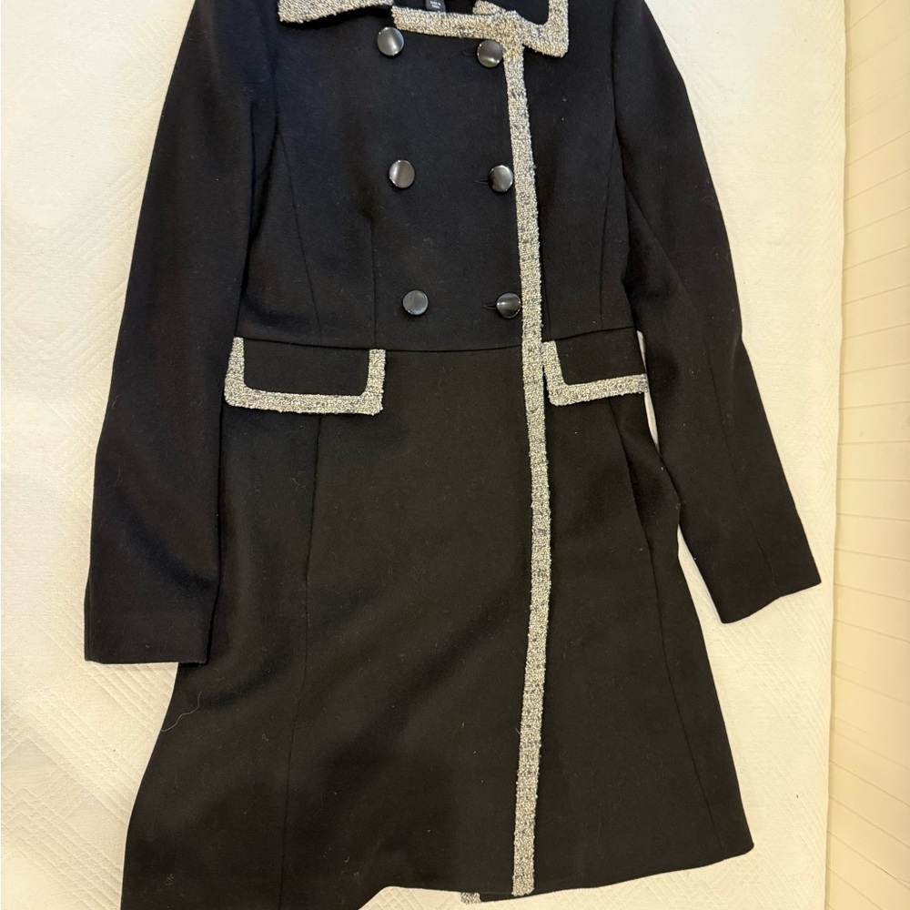 Badgley Mischka Black Wool Trench Coat with Silver Trim
